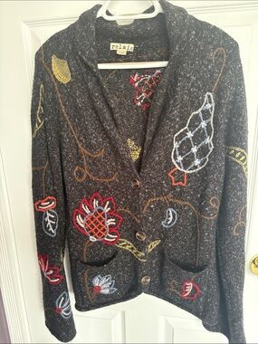 Relais Black Embroidered Floral Button Cardigan